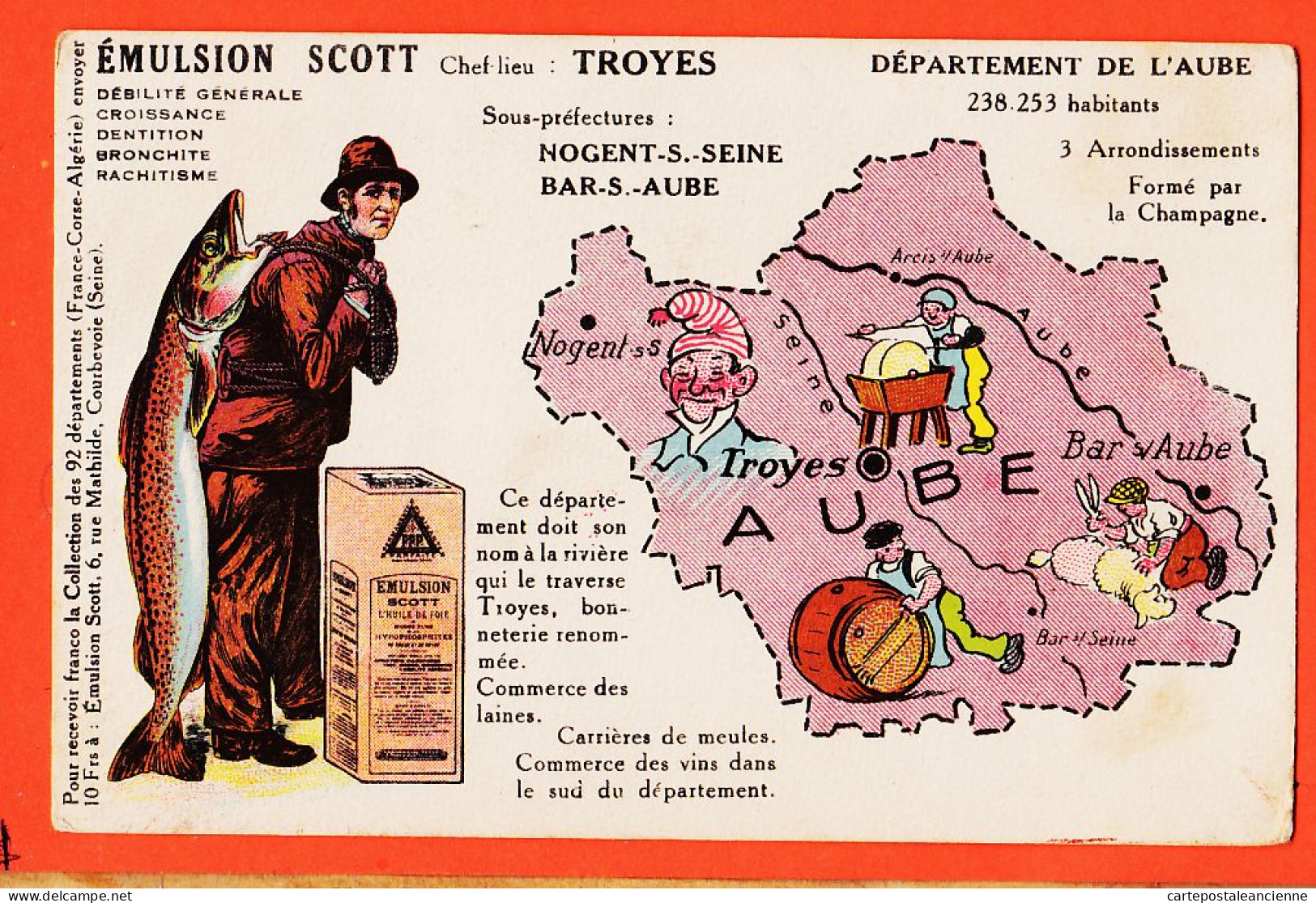 31426 / Publicité Emulsion SCOTT Carte Contour Département 10-AUDE 238.253 Habitants ● Chef-Lieu TROYES - Werbepostkarten