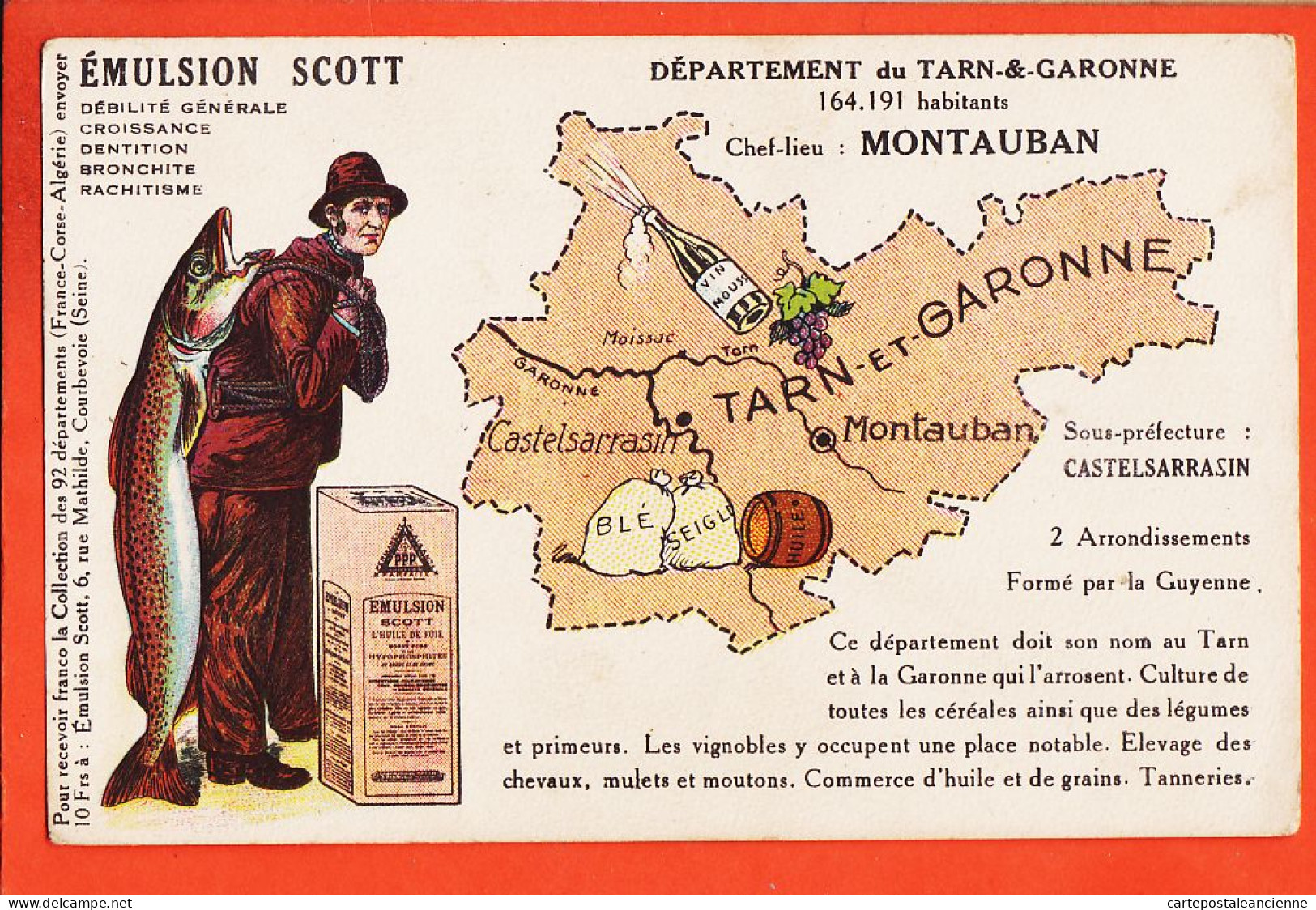 31438 / Publicité Emulsion SCOTT Carte Contour Département 82-TARN-GARONNE 164.191 Habit. ● Chef-Lieu MONTAUBAN - Publicité