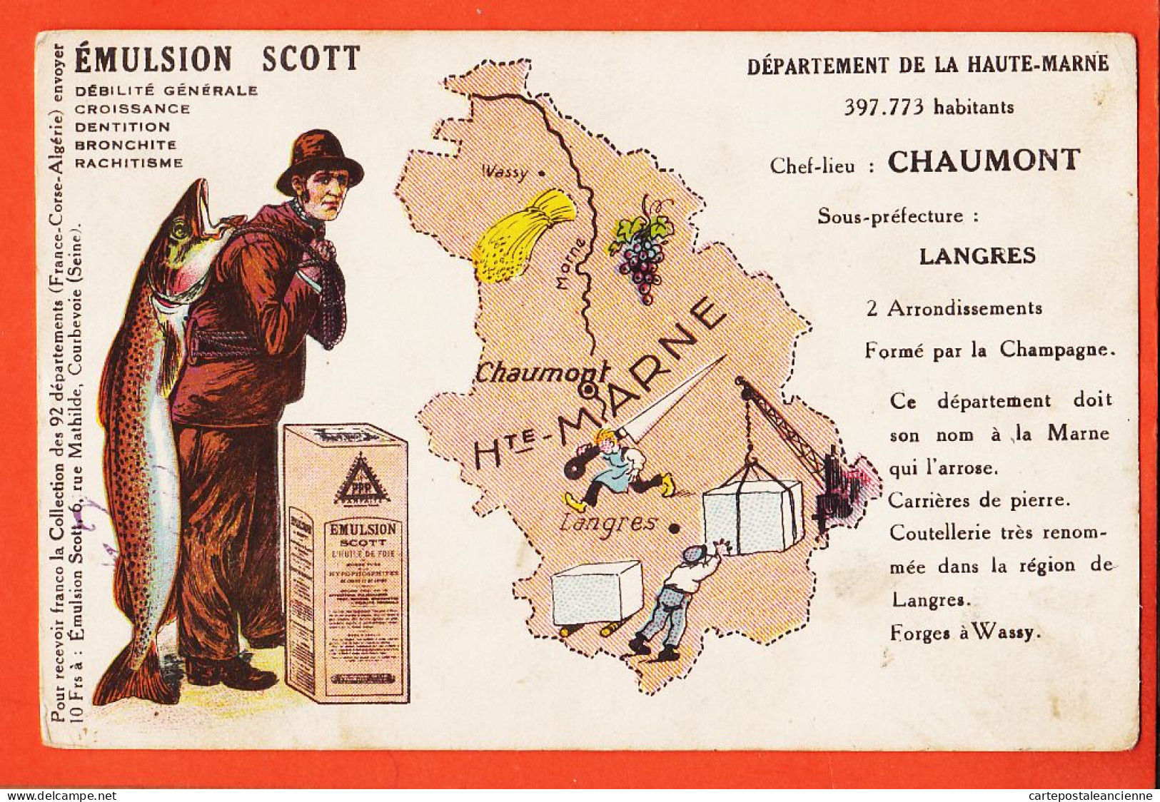 31433 / Publicité Emulsion SCOTT Carte Contour Département 52-HAUTE-MARNE 397773 Habitants ● Chef-Lieu CHAUMONT - Publicité