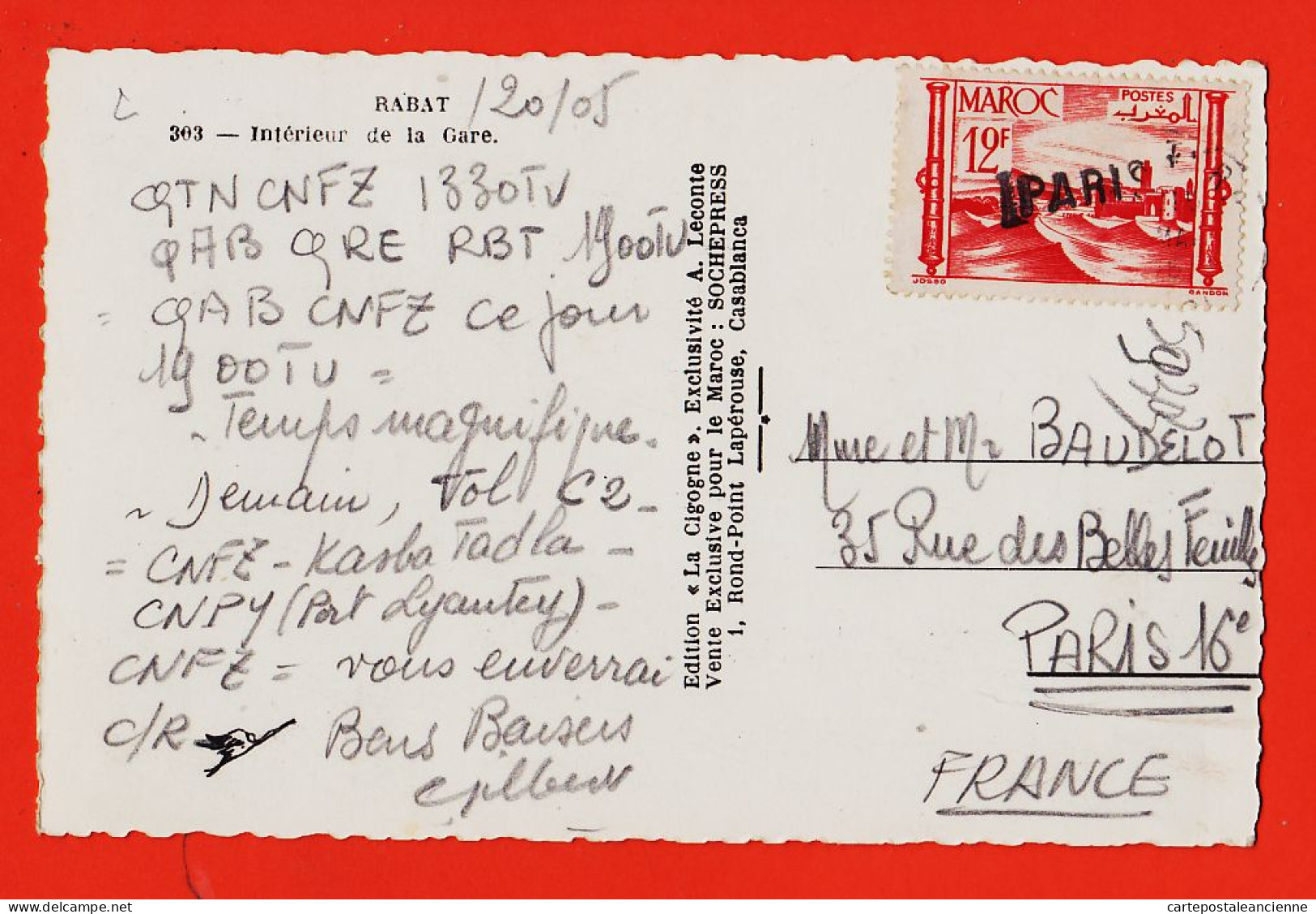 31217 / Lisez Correspondance Codée Vols Aériens RABAT Maroc Intérieur GARE 1951 à BAUDELOT Paris-Photo-Bromure CIGOGNE - Rabat