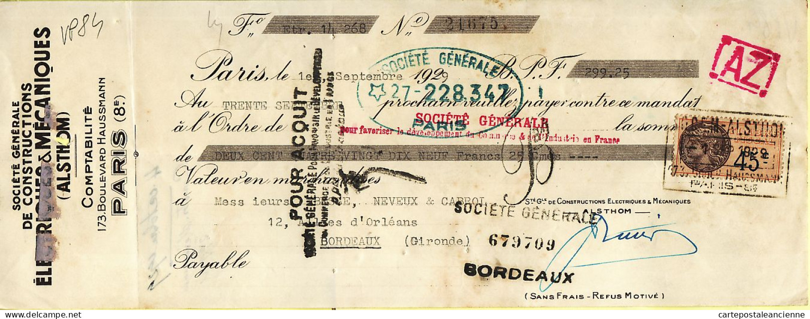 31300 / PARIS ALSTHOM Constructions Electriques Boulevard Haussmann Mandat-Chèque 1929 à BESSE NEVEUX CABROL - Cheques & Traverler's Cheques