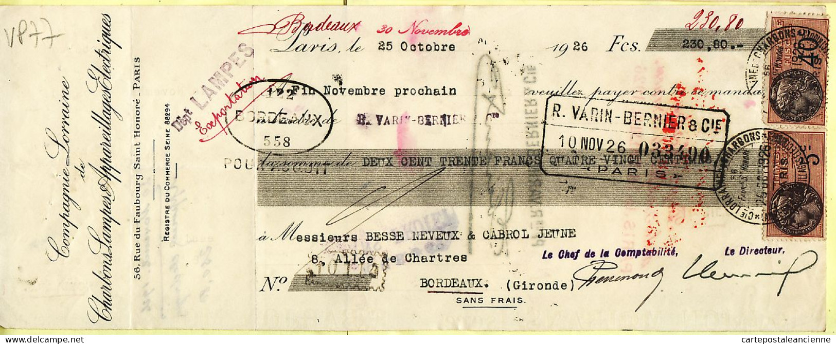 31299 / PARIS Cie LORRAINE Charbons Lampes Appareillages Electriques Mandat 1926 à BESSE NEVEU CABROL JEUNE - Schecks  Und Reiseschecks
