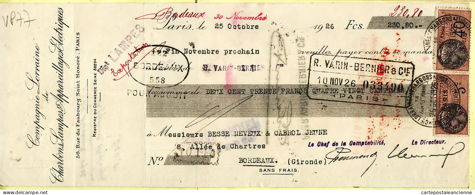 31299 / PARIS Cie LORRAINE Charbons Lampes Appareillages Electriques Mandat 1926 à BESSE NEVEU CABROL JEUNE - Cheques En Traveller's Cheques