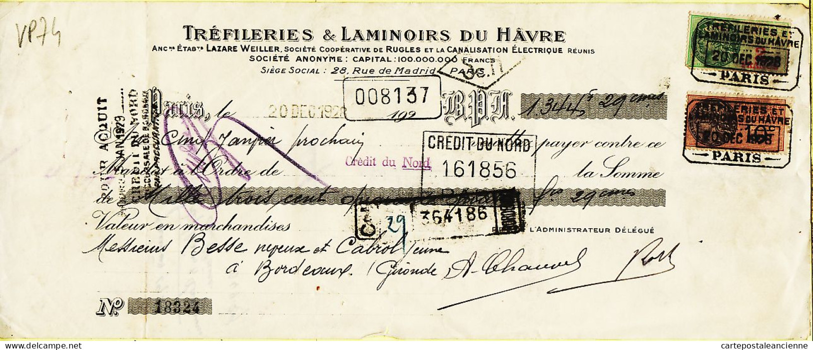 31296 / PARIS Trefileries Laminoirs Du HAVRE WEILLER Rue Madrid Change Timbre Fiscal 1928 BESSE NEVEUX CABROL Bordeaux - Chèques & Chèques De Voyage