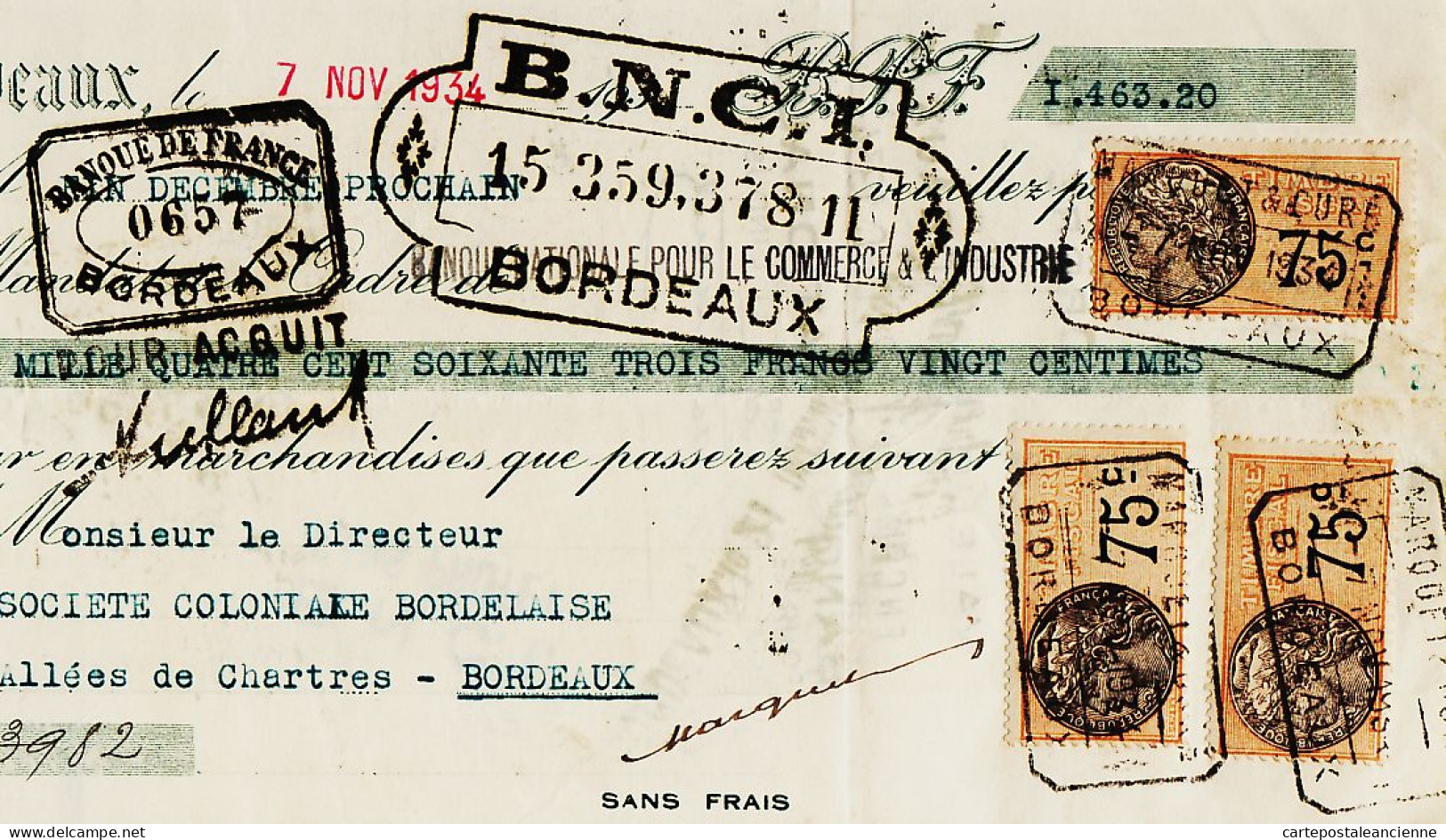 31287 / BORDEAUX MARQUET CURE Couleur Vernis Exportation Rue Vauban Mandat + Timbre Fiscal 1934 à Coloniale Bordelaise - Wechsel