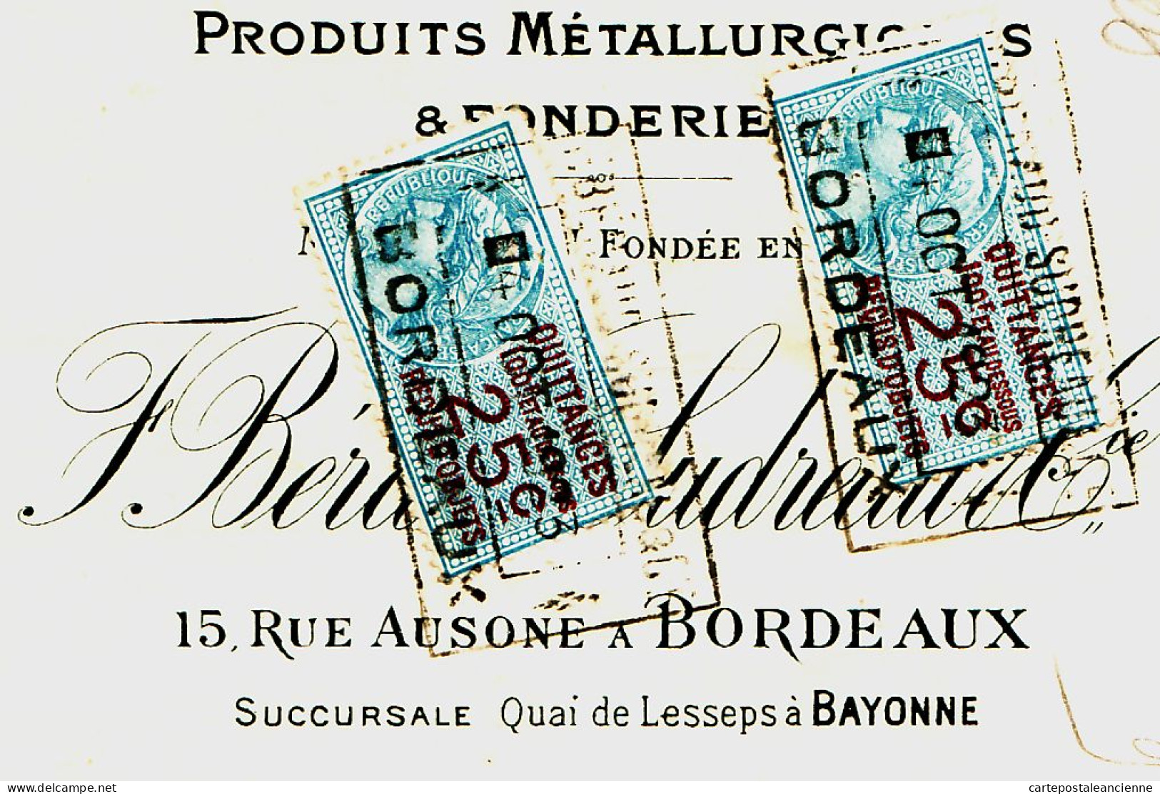 31282 / BORDEAUX Produits Metallurgiques Fonderie BERAUD SUDREAU Rue Aussone Reçu Quittance-Timbre Fiscal BESSE CABROL - Wissels