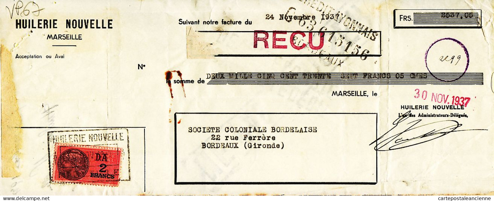31276 / MARSEILLE Huilerie Nouvelle Lettre De Change 24.11.1937 à BESSE Coloniale Bordelaise Gironde Timbre Fiscal - Wissels