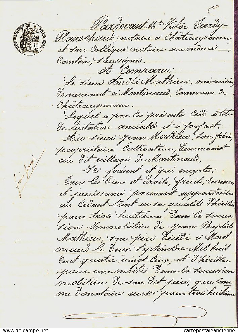 31293 / CHATEAUPONSAC 1891 Acte NOTAIRE TARDY PLANECHAUD Cession MATHIEU Menuisier-MATHIEU Cultivateur Prés Le RIEULEIX - Manuskripte