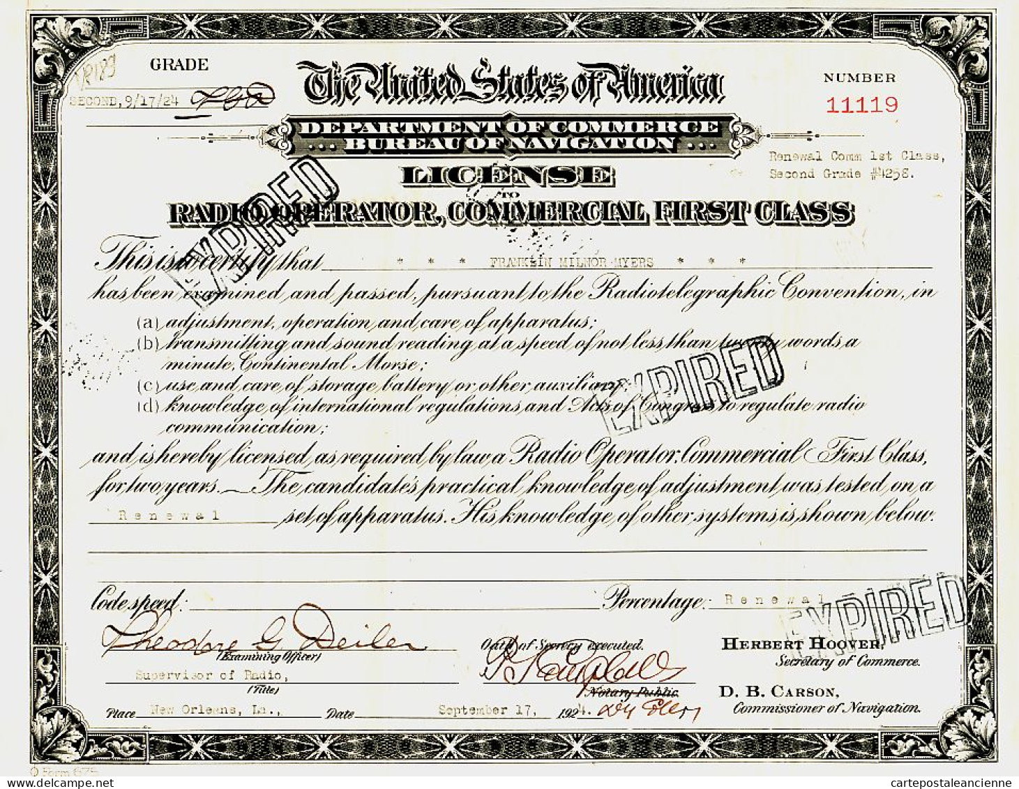 31308 / Radio Operator Licence U.S United States America Radiotelegraph 1st Class MYERS NEW-ORLEANS 1924 BALTIMORE - Historical Documents