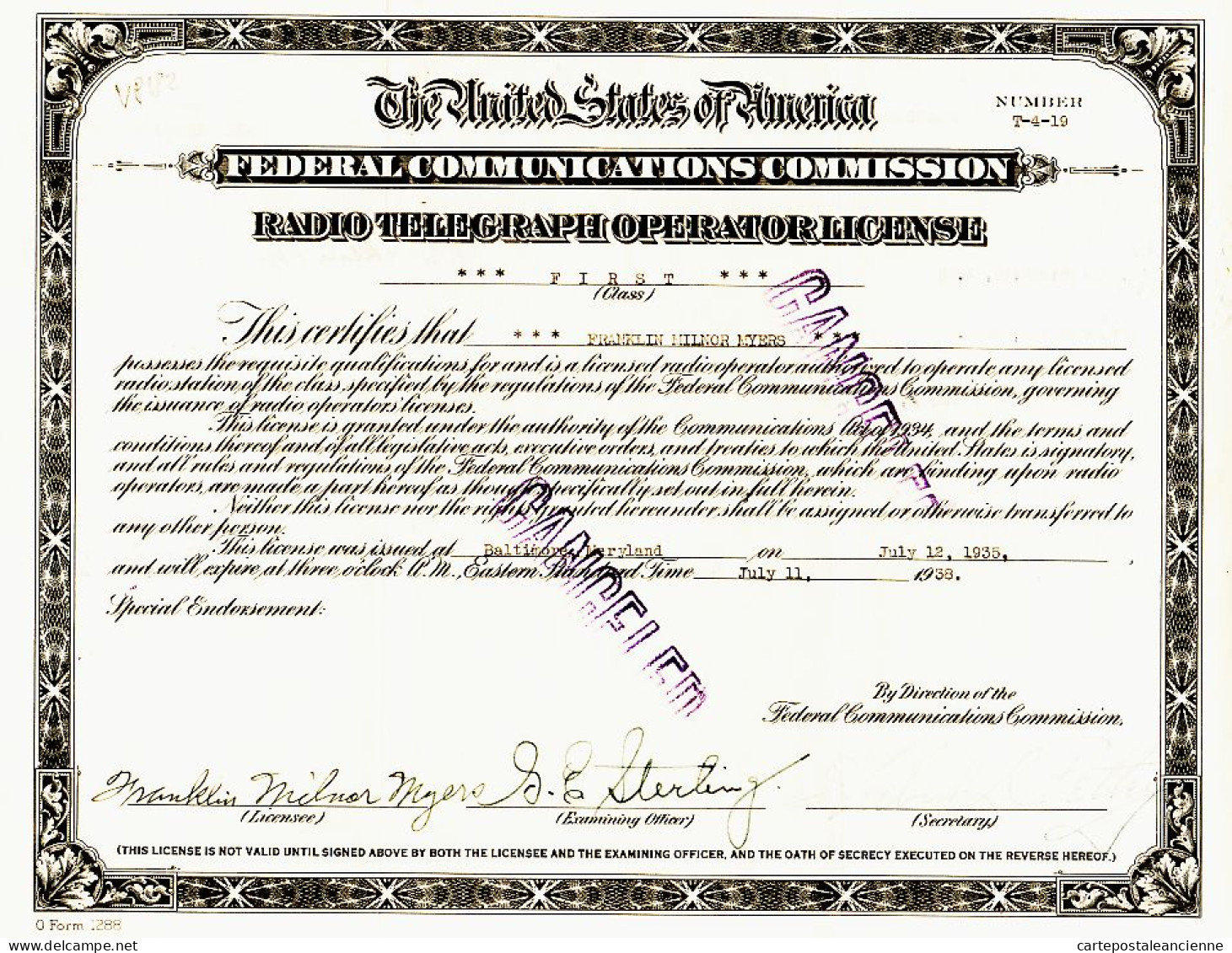 31307 / Radio Operator Licence U.S United States America Radiotelegraph 1st Class MYERS NEW-ORLEANS 1935 BALTIMORE - Historical Documents