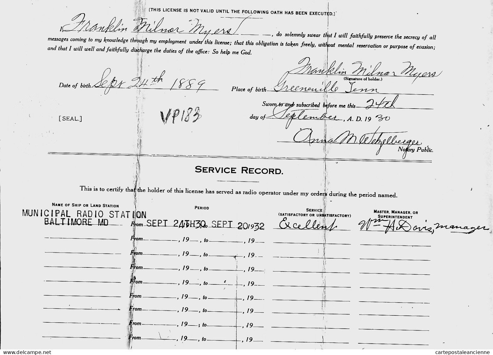 31305 / Radio Operator Licence U.S United States America Radiotelegraph 1st Class MYERS NEW-ORLEANS 1930 BALTIMORE - Historische Dokumente