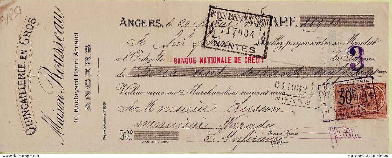 31266 / Quincaillerie En Gros ROUSSEAU Angers Lettre De Change 20.02.1926 à LUSSON Menuiserie Varades Timbre Fiscal - Wissels
