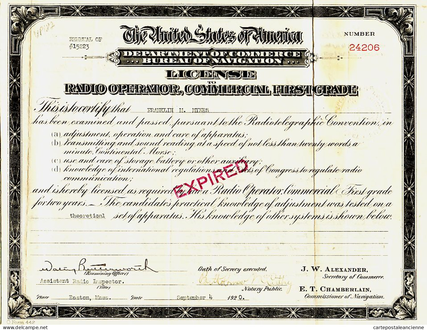 31304 / Radio Operator Licence U.S United States America Radiotelegraph 1st Class MYERS NEW-ORLEANS 1920 BALTIMORE - Historische Dokumente