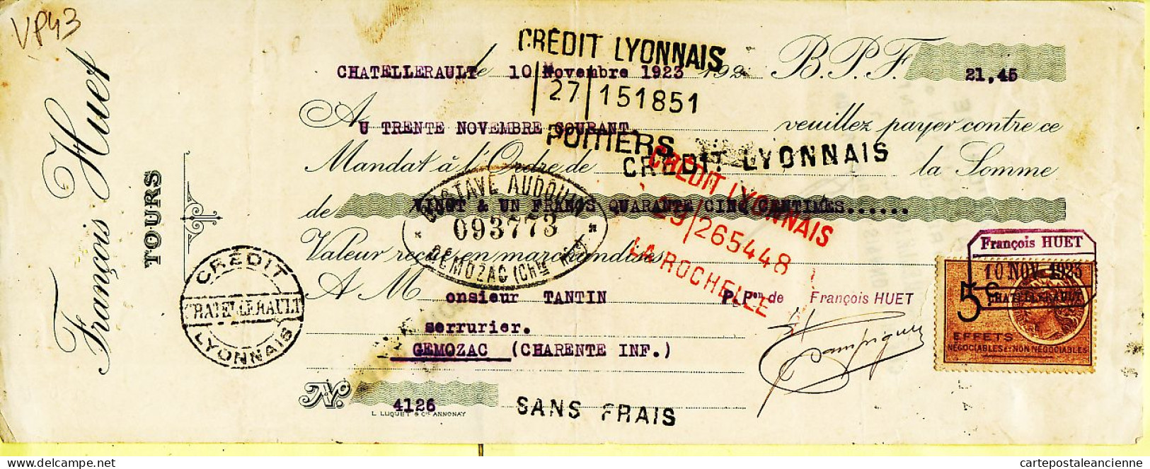31263 / François HUET Tours Lettre De Change 10.11.1923 à TANTIN Serrurier Genozac Timbre Fiscal 5 Frcs - Wechsel