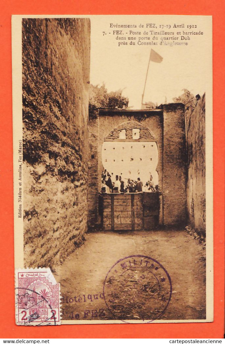 31259 / ⭐ ◉ Tampon Poste T.S.F Evenements FEZ Avril 1912 Poste Tirailleurs Barricade  Quartier DOH Consulat ANGLETERRE  - Fez