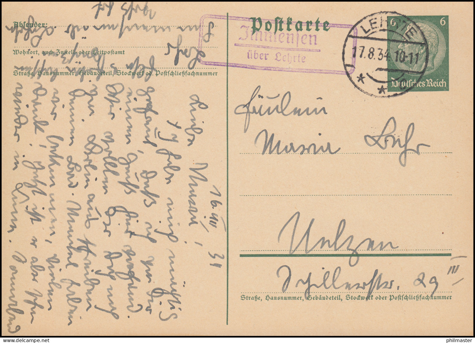 Landpost-Stempel Immensen über LEHRTE 17.8.1934 Auf Postkarte P 226I - Brieven En Documenten