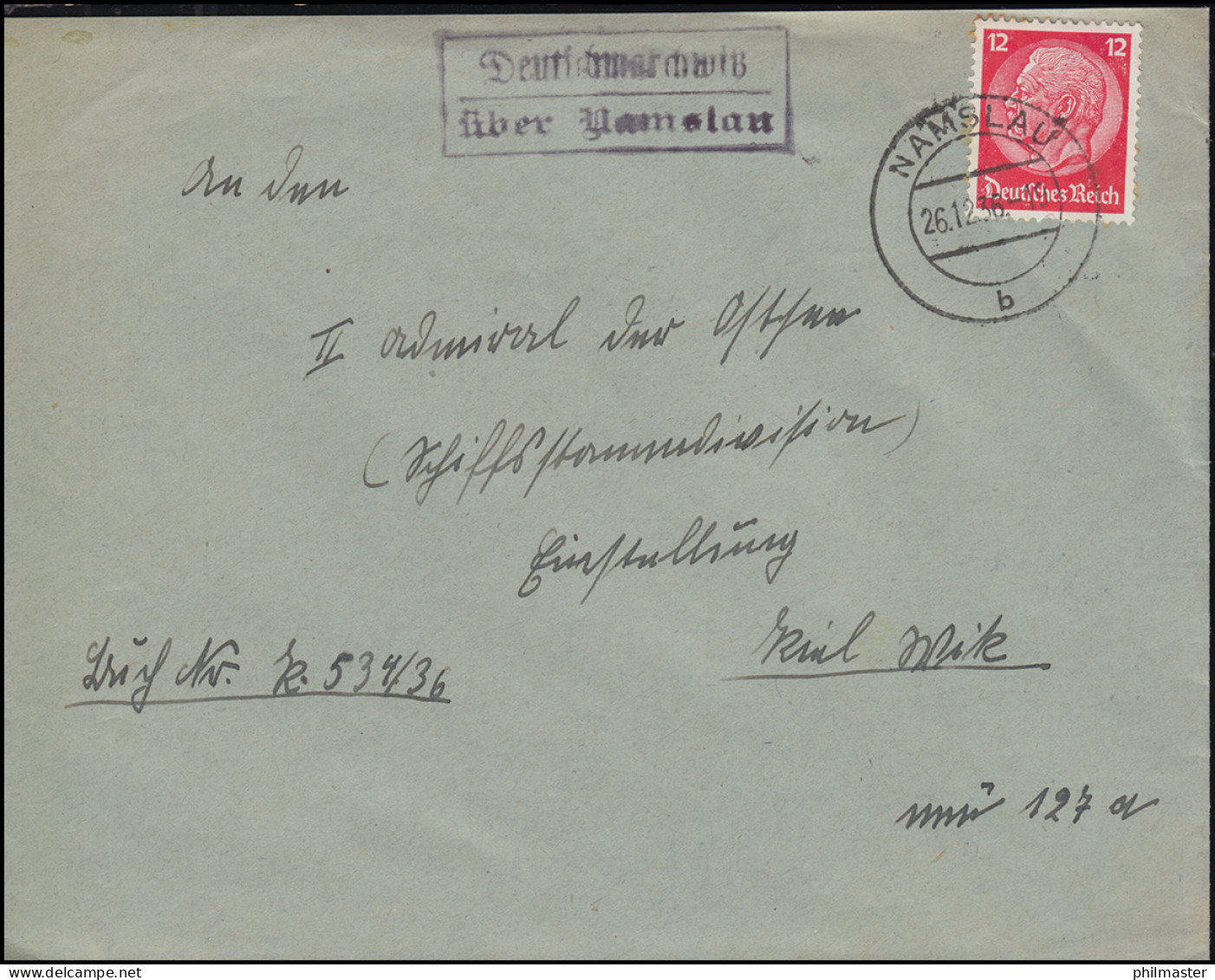 Landpost-Stempel Deutschmarchwitz über NAMSLAU 26.1.1936 Auf Brief - Covers & Documents