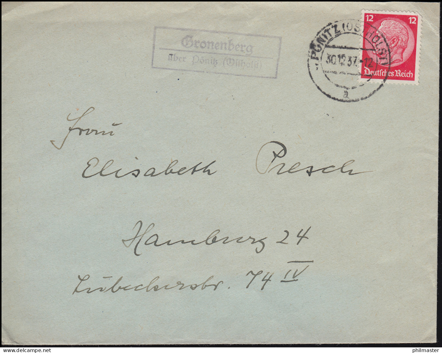 Landpost-Stempel Gronenberg über PÖNITZ (OSTHOLST.) 20.12.1937 Auf Brief - Brieven En Documenten