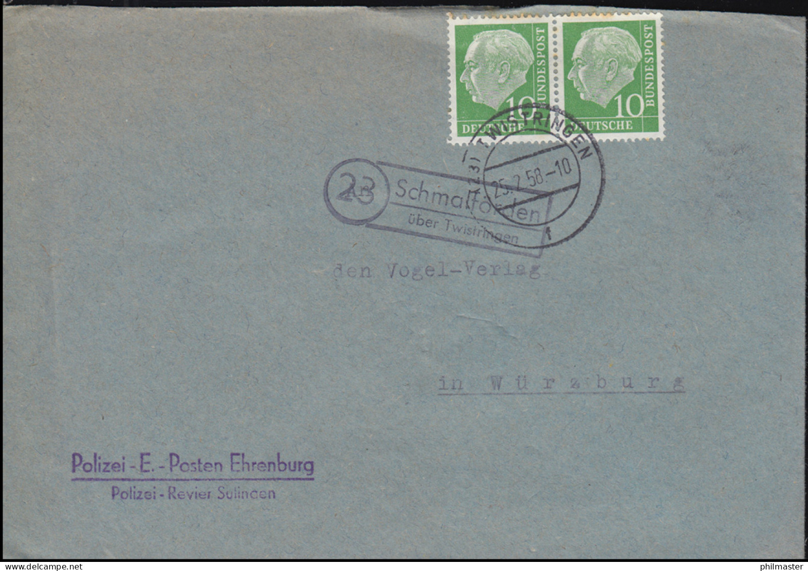 Landpost-Stempel Schmalförden über TWISTRINGEN 25.2.1958 Auf Brief Nach Würzburg - Autres & Non Classés