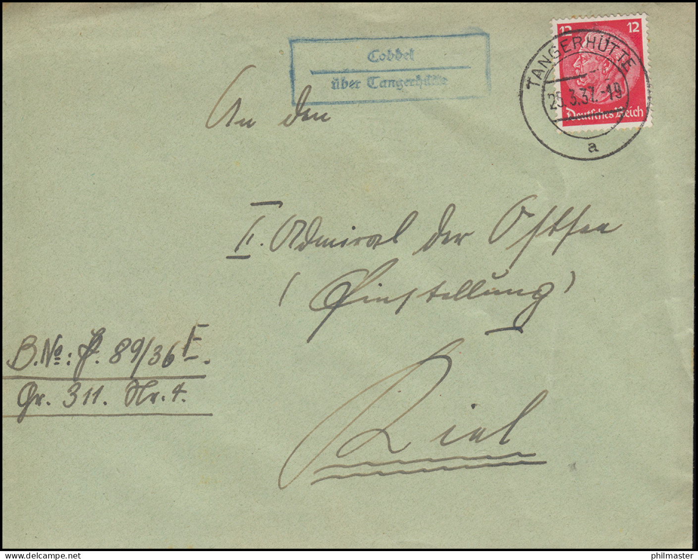 Landpost-Stempel Cobbel über TANGERHÜTTE 25.3.1937 Auf Brief Nach Kiel - Brieven En Documenten