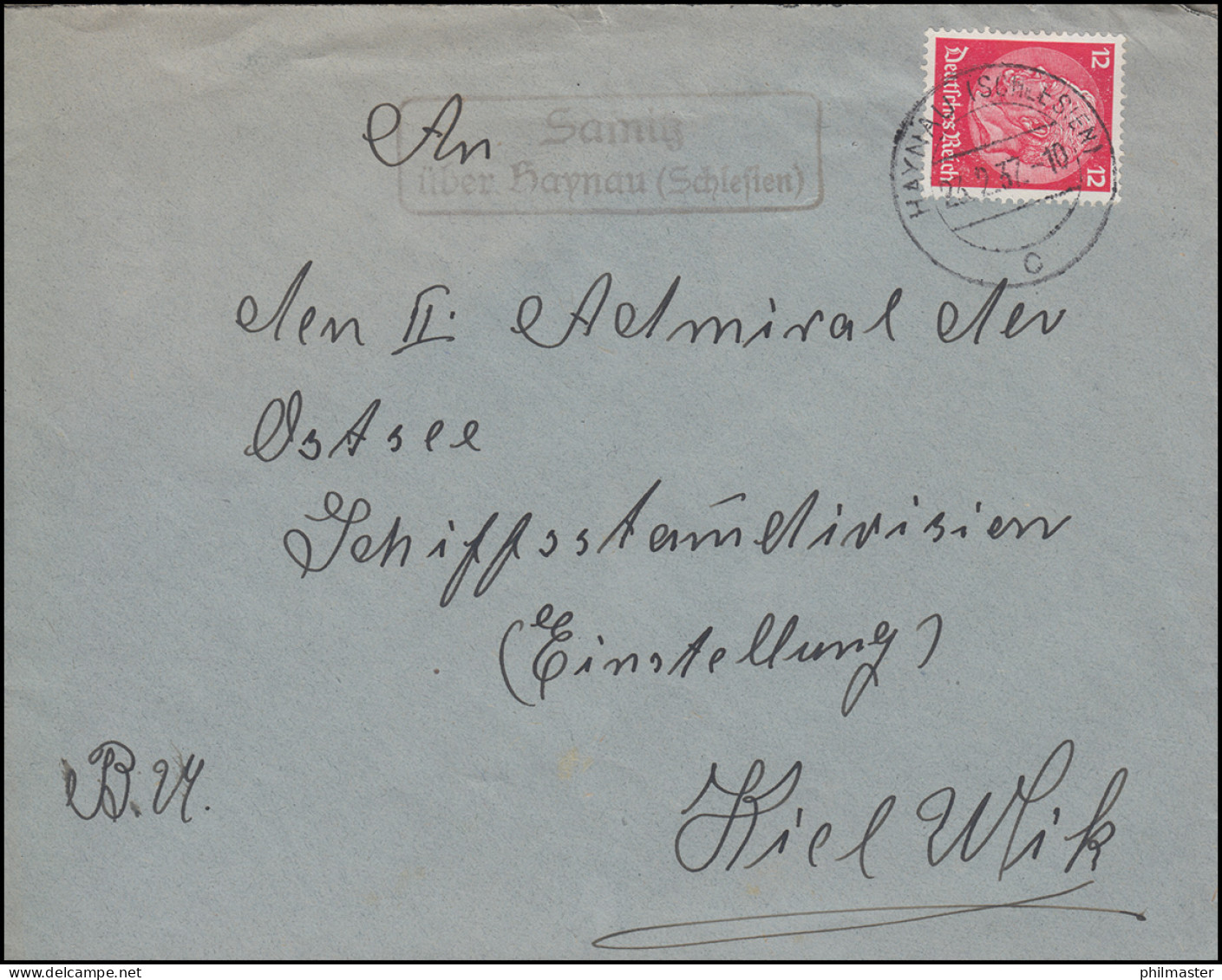 Landpost-Stempel Samitz über HAYNAU (SCHLESIEN) 23.2.1937 Auf Brief Nach Kiel - Briefe U. Dokumente