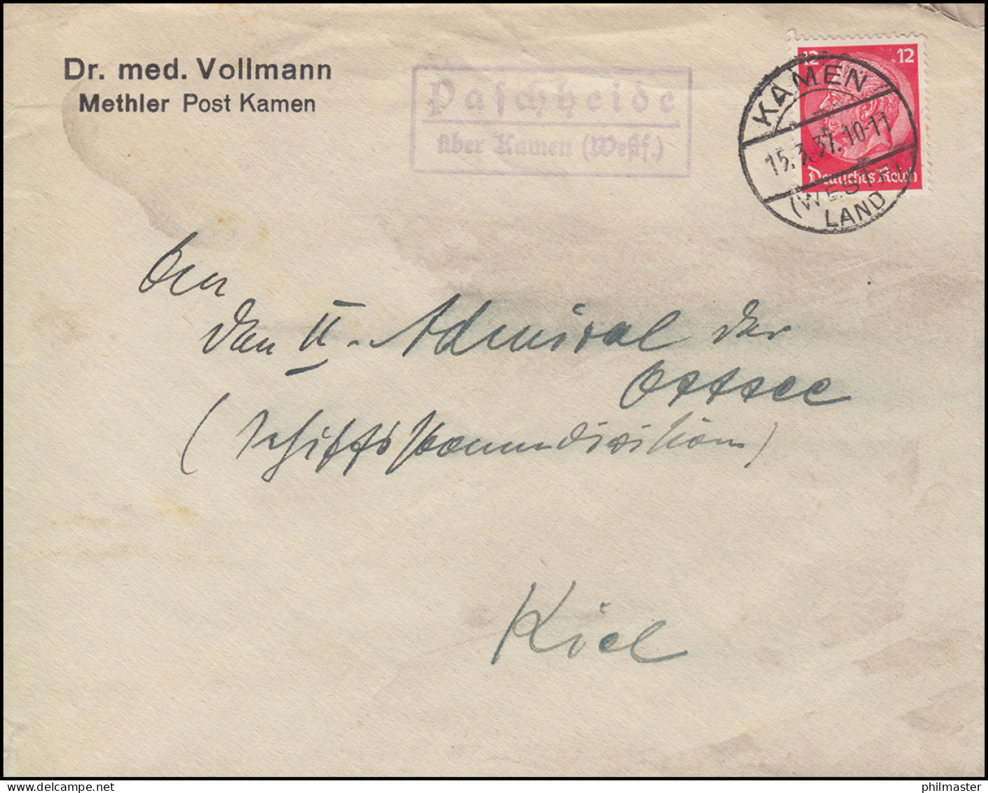 Landpost-Stempel Paschheide über KAMEN (WESTF.) LAND 15.3.1937 Auf Brief - Storia Postale