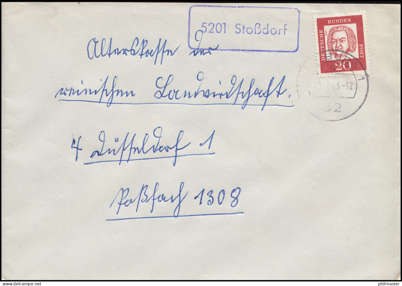 Landpost-Stempel 5201 Stoßdorf  Auf Brief SIEGBURG 1963 Nach Düsseldorf - Autres & Non Classés
