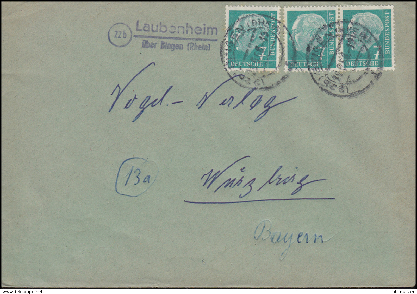 Landpost-Stempel Laubenheim über BINGEN (RHEIN) 29.8.1956 Auf Brief N. Würzburg - Other & Unclassified