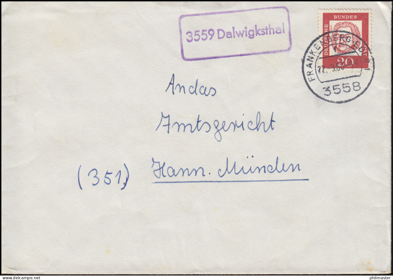 Landpost-Stempel 3559 Dalwigksthal Auf Brief FRANKENBERG-EDER 1 - 22.9.1963 - Other & Unclassified