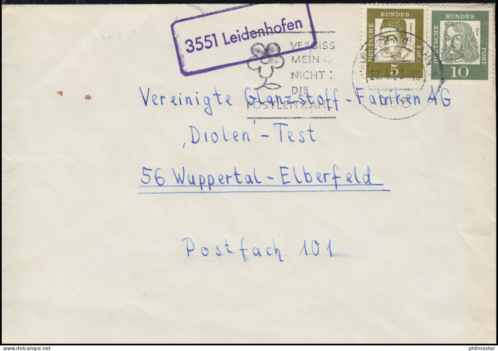 Landpost-Stempel 3551 Leidenhofen Auf Drucksache MARBURG A.d. LAHN 28.4.1963 - Sonstige & Ohne Zuordnung