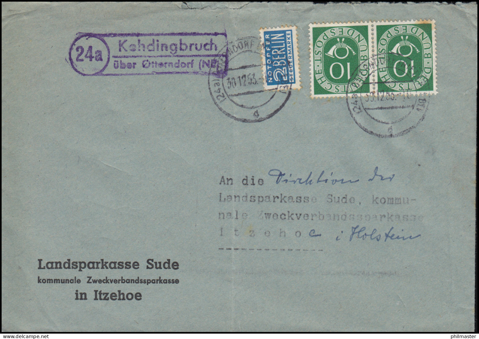 Landpost-Stempel Kehdingbruch über OTTERNDORF (NIEDERELBE) 30.12.1953 Auf Brief - Andere & Zonder Classificatie