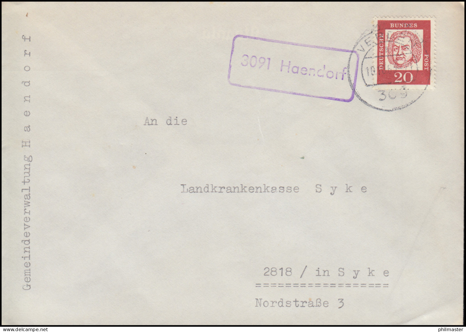 Landpost-Stempel 3091 Haendorf Auf Brief VERDEN 19.10.1963 - Otros & Sin Clasificación