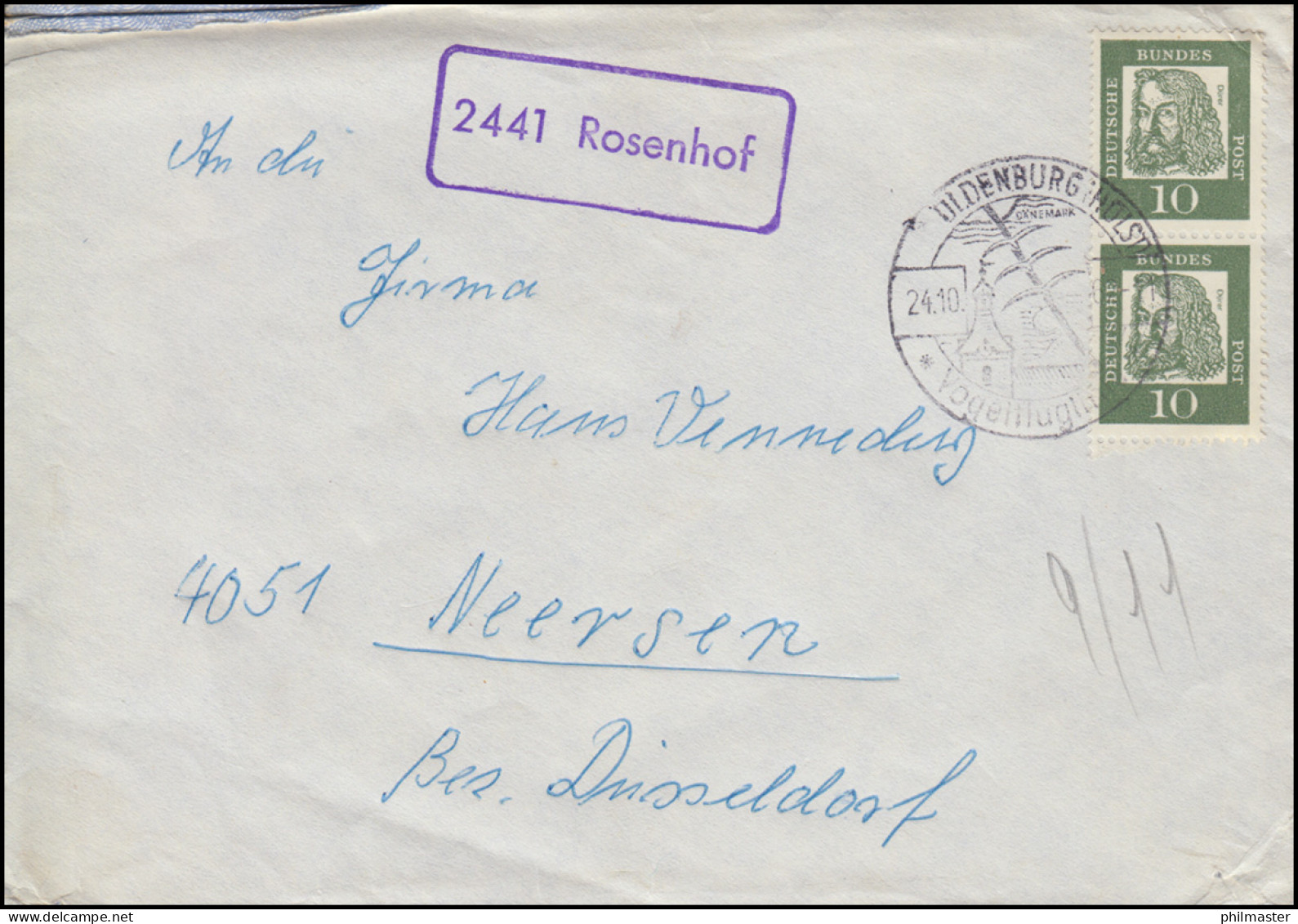 Landpost-Stempel 2441 Rosenhof Auf Brief SSt OLDENBURG Vogelfluglinie 20.10.1962 - Autres & Non Classés