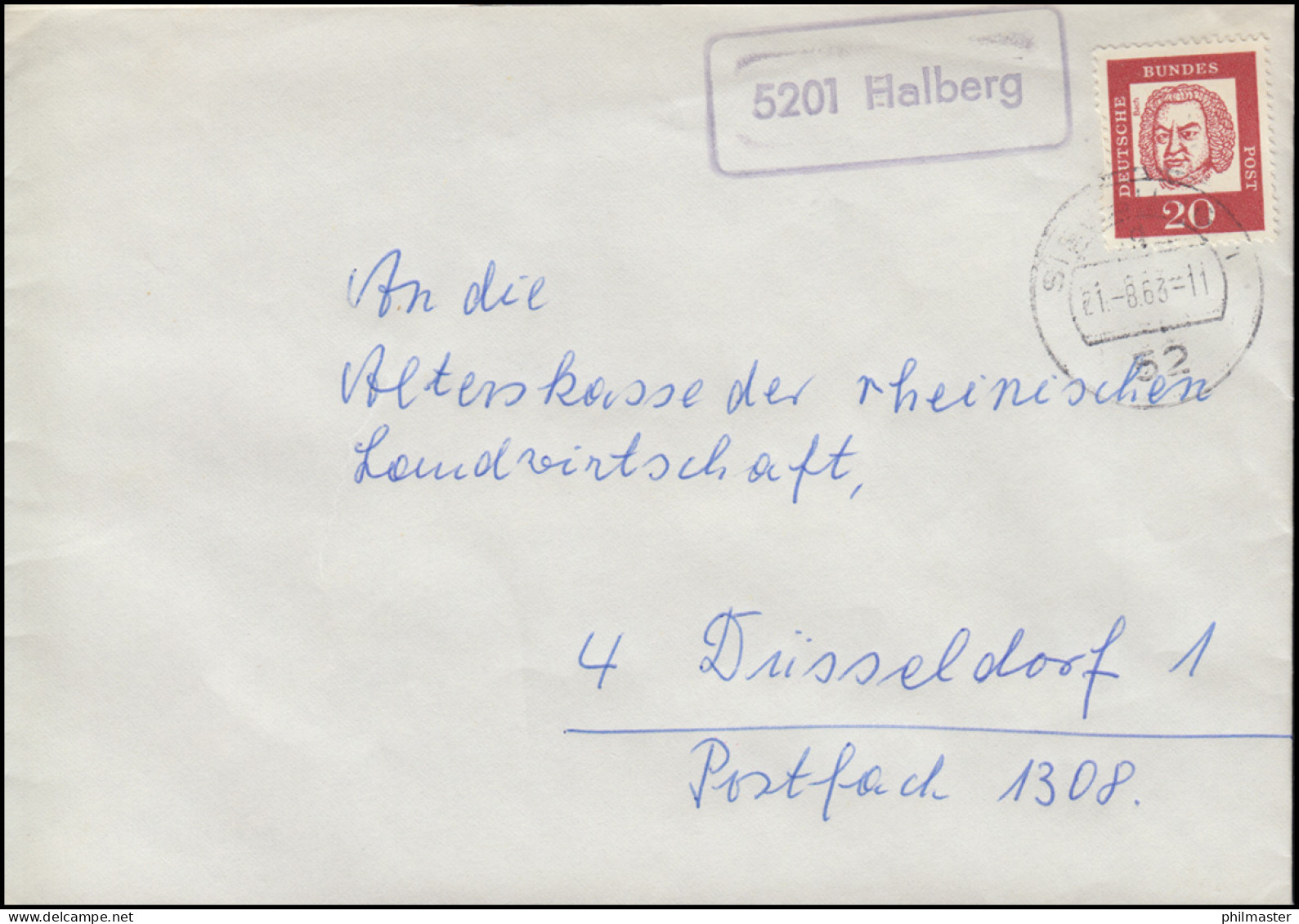 Landpost-Stempel 5201 Halberg Auf Brief SIEGBURG 21.8.1963 - Andere & Zonder Classificatie