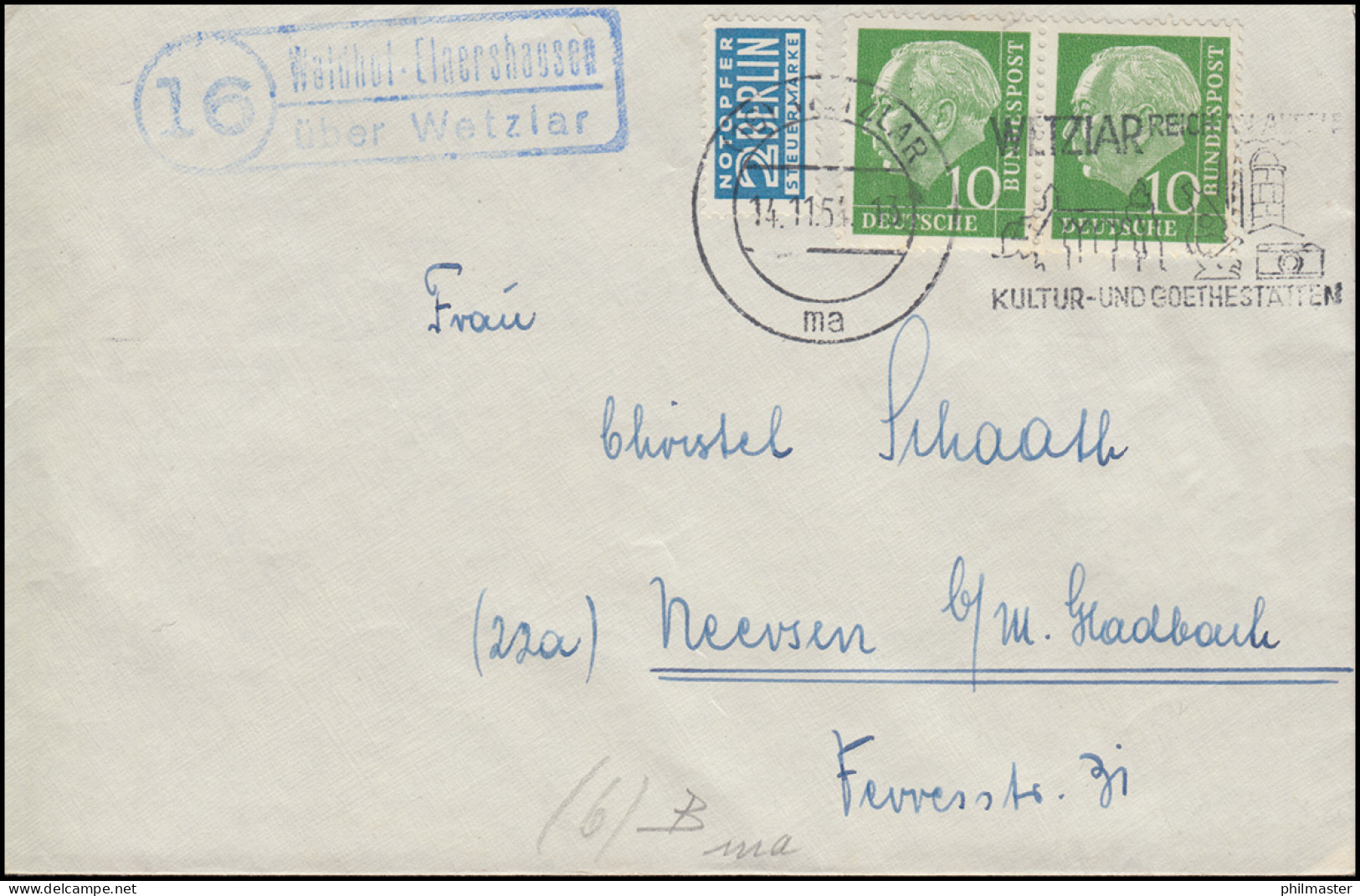 Landpost-Stempel Waldhof-Elgershausen über WTZLAR 14.11.1954 Auf Brief - Otros & Sin Clasificación