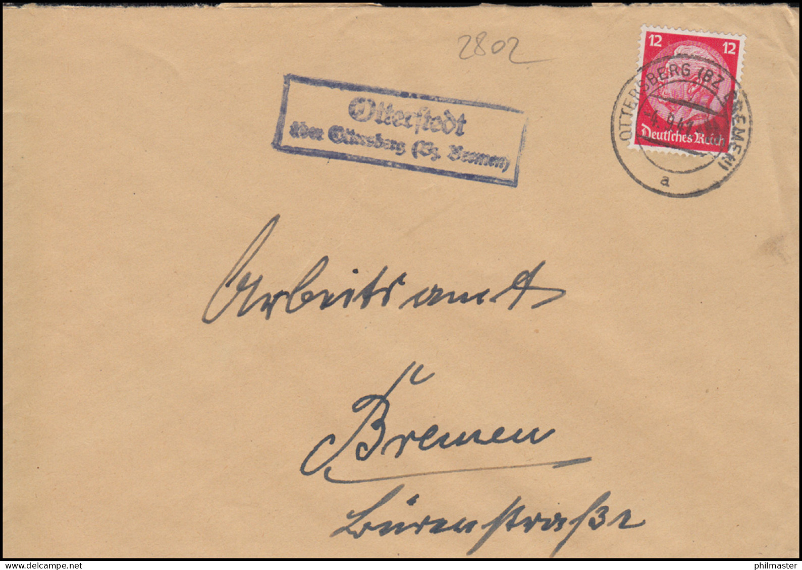 Landpost-Stempel Otterstedt über OTTERSBERG (BZ BREMEN) 4.9.1941 Auf Brief - Briefe U. Dokumente