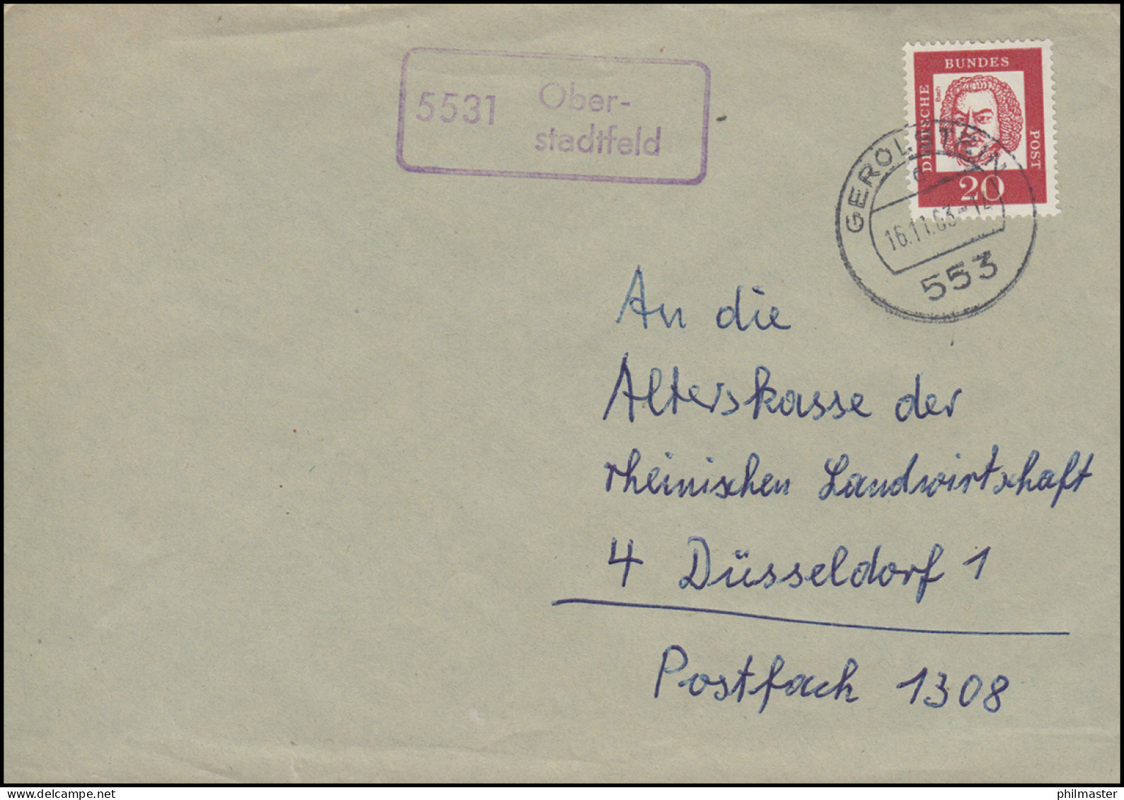 Landpost-Stempel 5531 Oberstadtfeld Auf Brief GEROLSTEIN 16.11.1963 - Autres & Non Classés