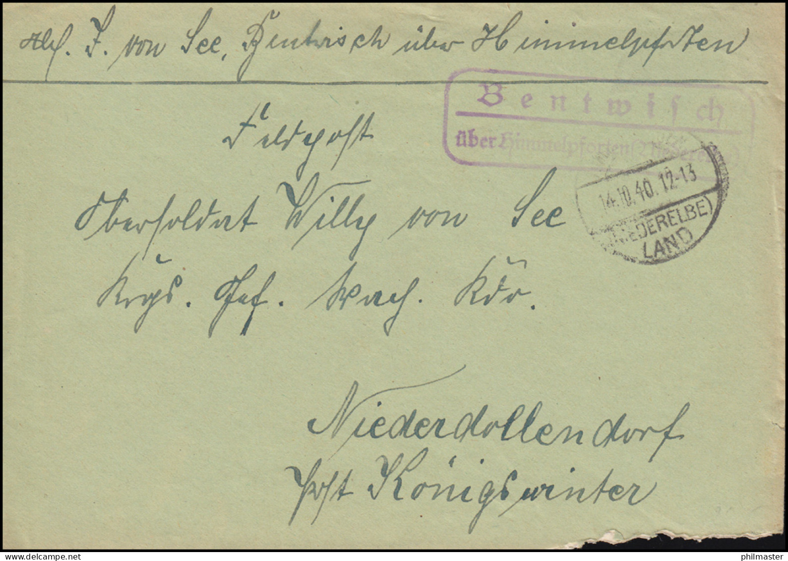 Landpost-Stempel Bentwisch über HIMMELPFORTEN (NIEDERELBE) LAND 14.10.1940  - Lettres & Documents