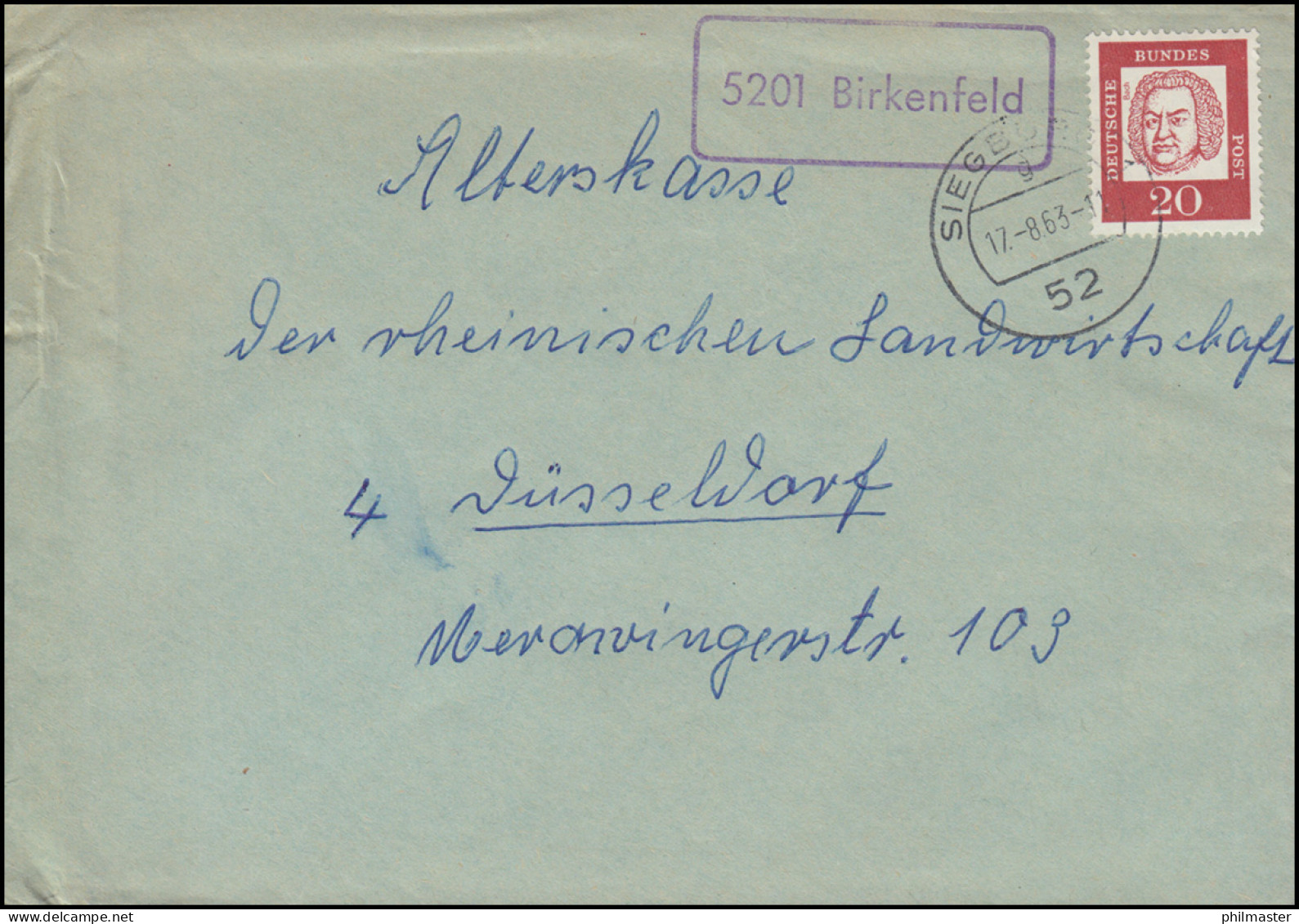 Landpost-Stempel 5201 Birkenfeld Auf Brief SIEGBURG 17.8.1963 Nach Düsseldorf - Sonstige & Ohne Zuordnung