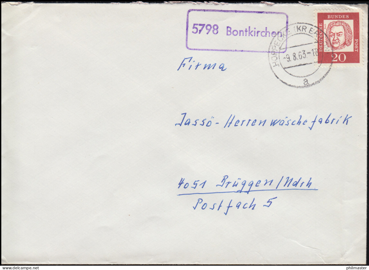 Landpost-Stempel 5798 Bontkirchen Auf Brief HOPPECKE (KR BRILON) 9.8.1963 - Andere & Zonder Classificatie