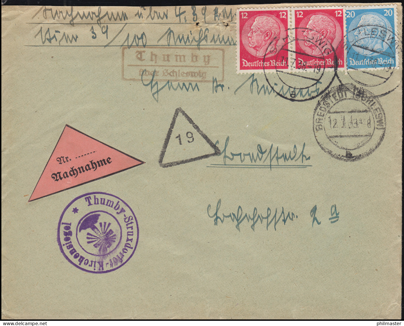 Landpost-Stempel Thumby über SCHLESWIG 11.7.38 Auf NN-Brief Nach BREDSTEDT 12.3. - Storia Postale