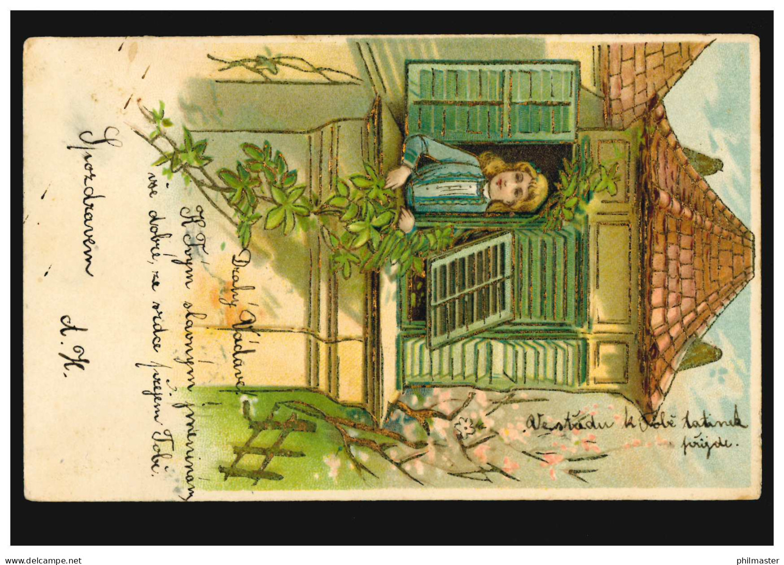 Prägekarte Frau Am Fenster Mit Blumengirlande, Mit Goldprägung, Gelaufen Um 1910 - Ohne Zuordnung
