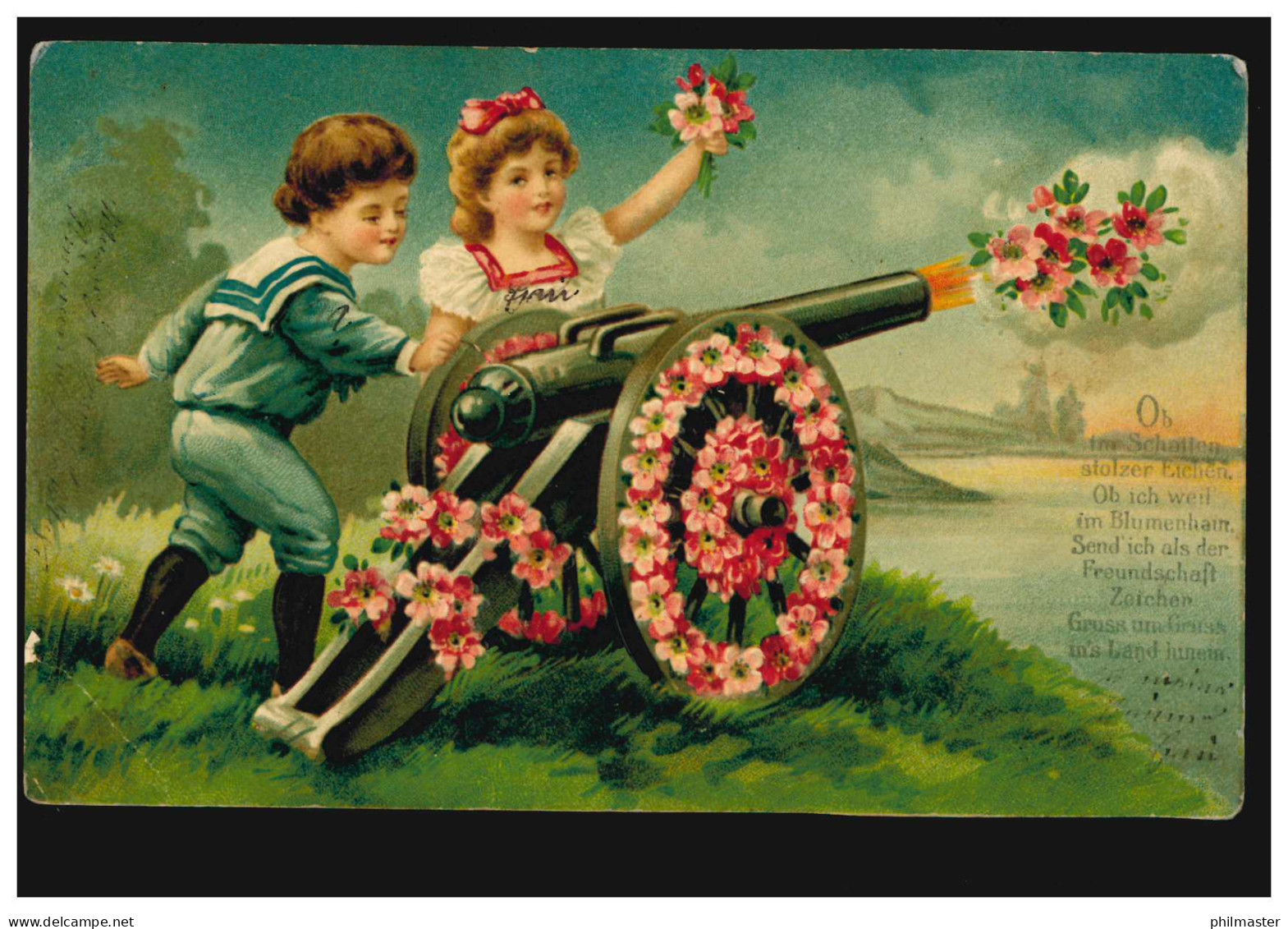 Prägekarte Kinder Verschießen Blumen Mit Einer Kanone, MAGDEBURG 1914 - Andere & Zonder Classificatie