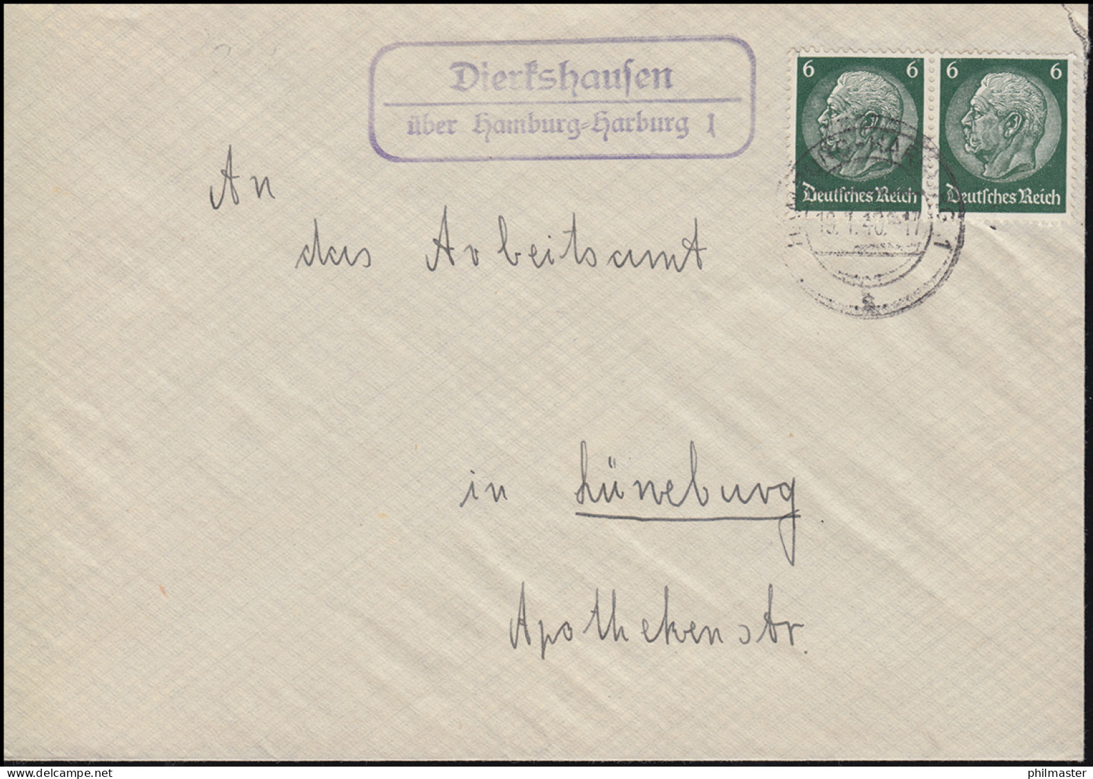 Landpost-Stempel Dierkshausen über HAMBURG-HARBURG 1 - 19.1.1940 Auf Brief - Brieven En Documenten