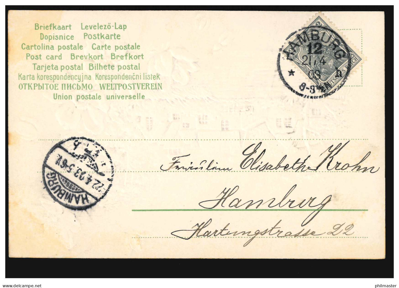 Prägekarte Dorfidylle Mit Blumen, HAMBURG 12 H 21.4.1903 Als Ortspostkarte - Andere & Zonder Classificatie