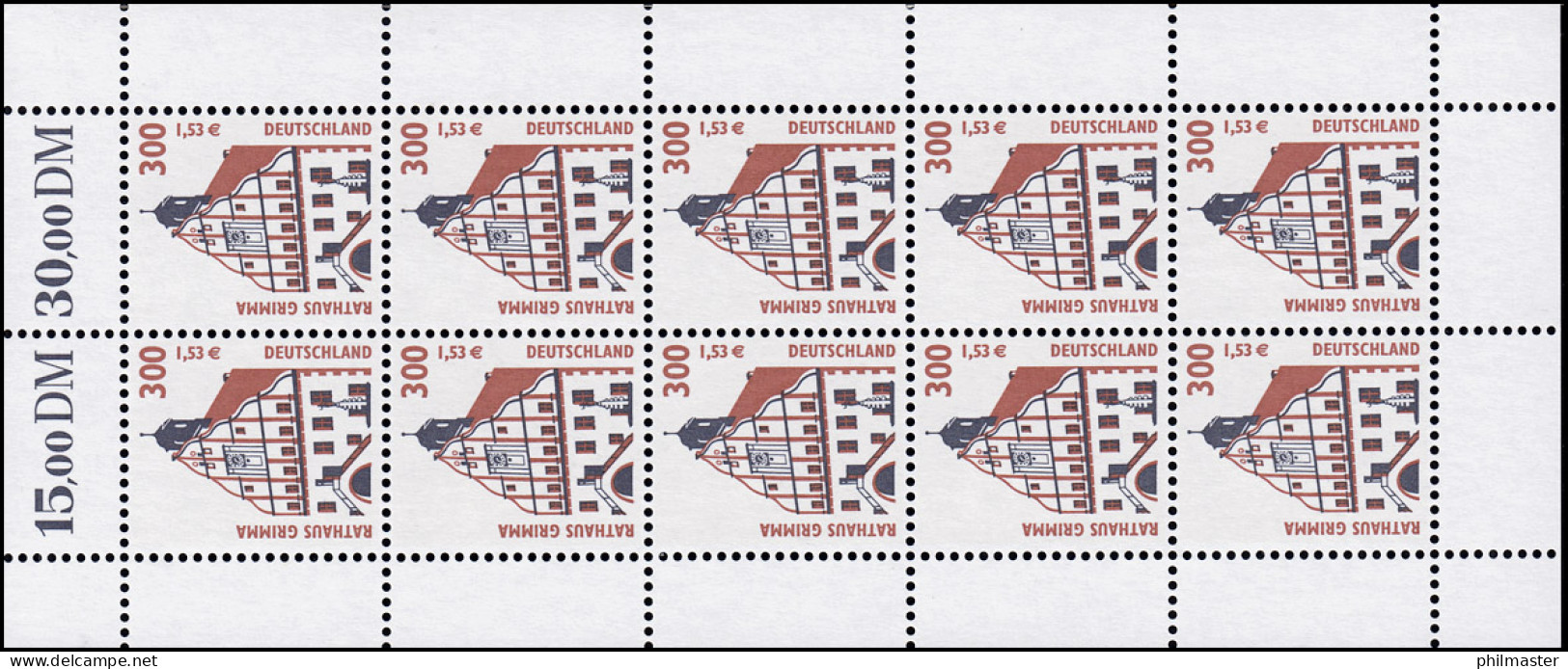 2141 SWK 300 Pf / 153 Cent Rathaus Grimma - 10er-Bogen ** - 1991-2000