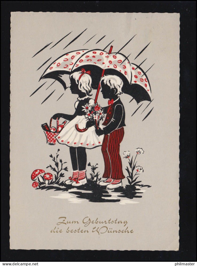 Scherenschnitt-AK Geburtstag:Mädchen Und Junge Regenschirm Geschenke, CELLE 1965 - Silhouettes