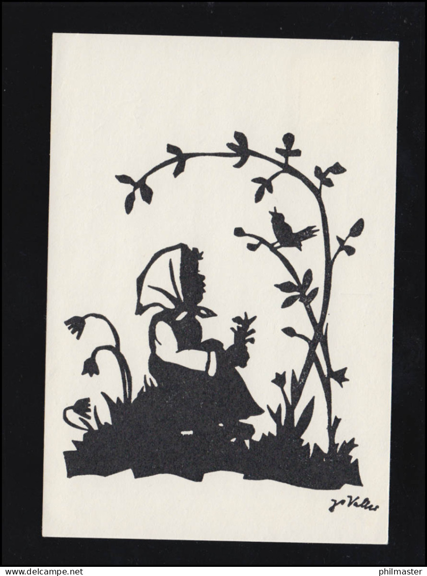 Scherenschnitt-AK Jo Valler: Hoffnung - Mädchen Mit Singvogel, Gelaufen 1967 - Silhouette - Scissor-type