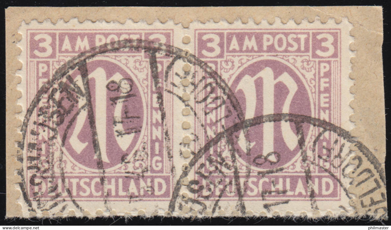 17XVI AM-Post 3 Pf Im Paar Mit PLF XVI Gebrochene Linie Auf Briefstück 1946 - Used