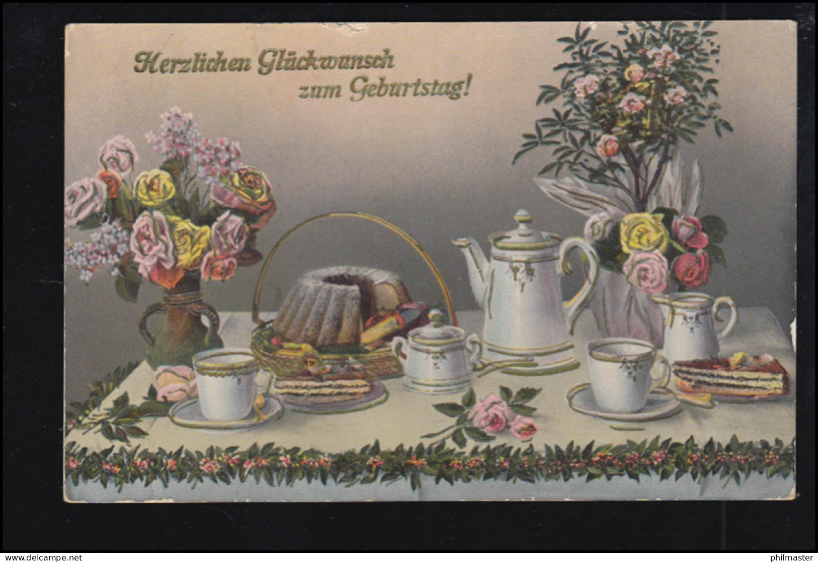 Künstler-AK Geburtstagstisch Mit Kaffee Und Kuchen, SCHÖNBORN 7.4.1916 - Zonder Classificatie